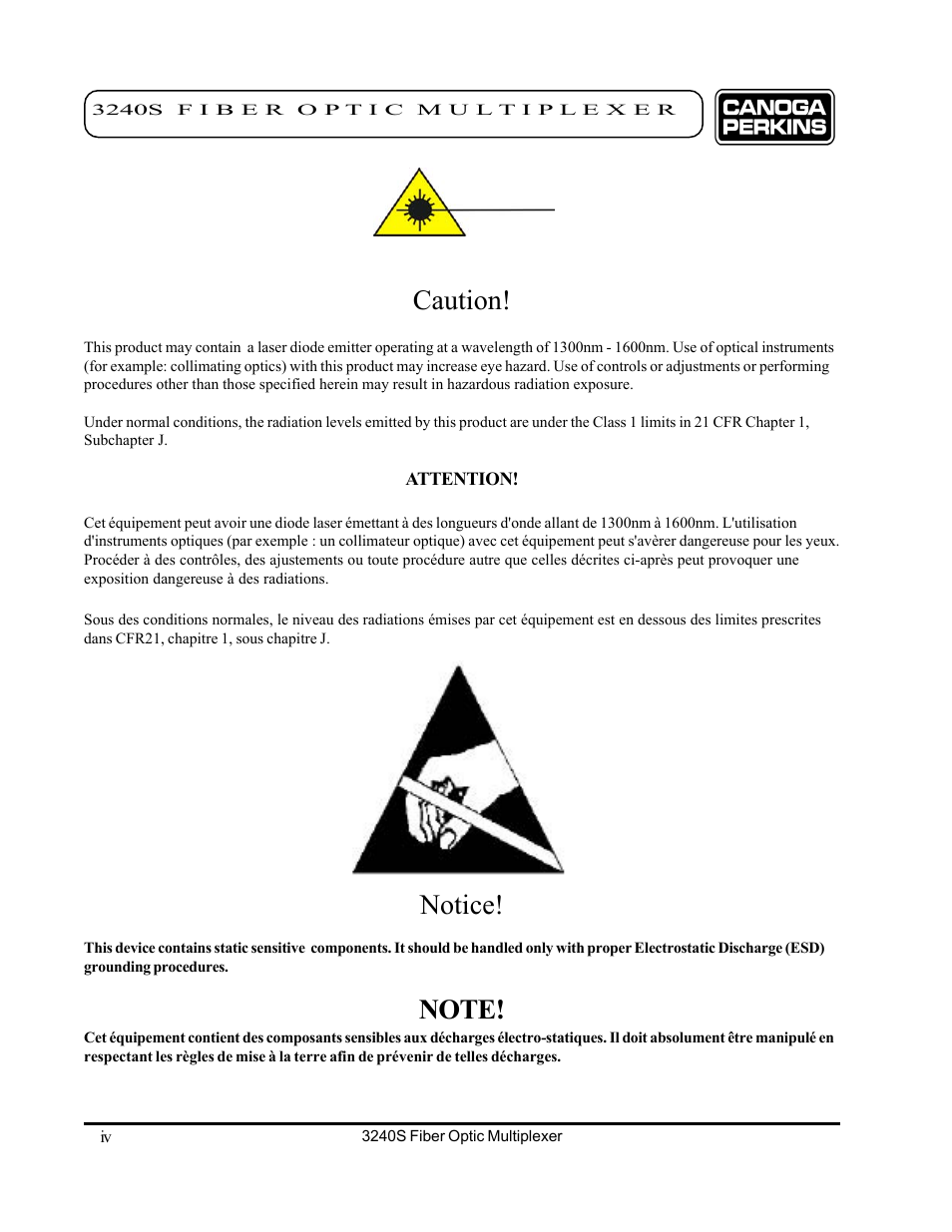 Caution, Notice | CANOGA PERKINS 3240S SNMP Managed Fiber Optic Multiplexer User Manual | Page 4 / 108