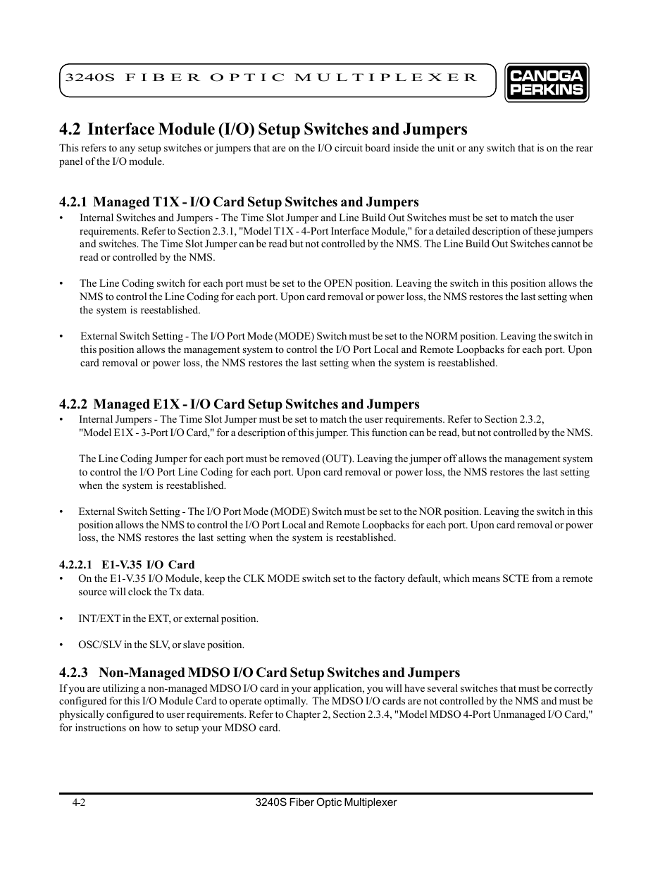 1 e1-v.35 i/o card | CANOGA PERKINS 3240S SNMP Managed Fiber Optic Multiplexer User Manual | Page 44 / 108