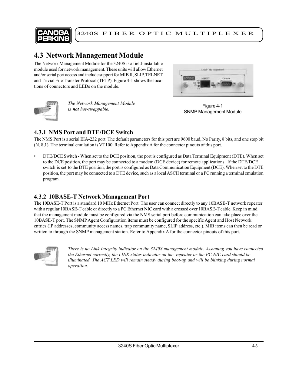 3 network management module, 1 nms port and dte/dce switch, 2 10base-t network management port | 3 network management module -3 | CANOGA PERKINS 3240S SNMP Managed Fiber Optic Multiplexer User Manual | Page 45 / 108