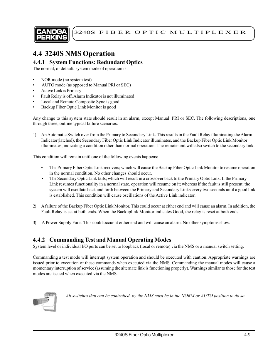4 3240s nms operation, 1 system functions: redundant optics, 2 commanding test and manual operating modes | 4 3240s nms operation -5 | CANOGA PERKINS 3240S SNMP Managed Fiber Optic Multiplexer User Manual | Page 47 / 108
