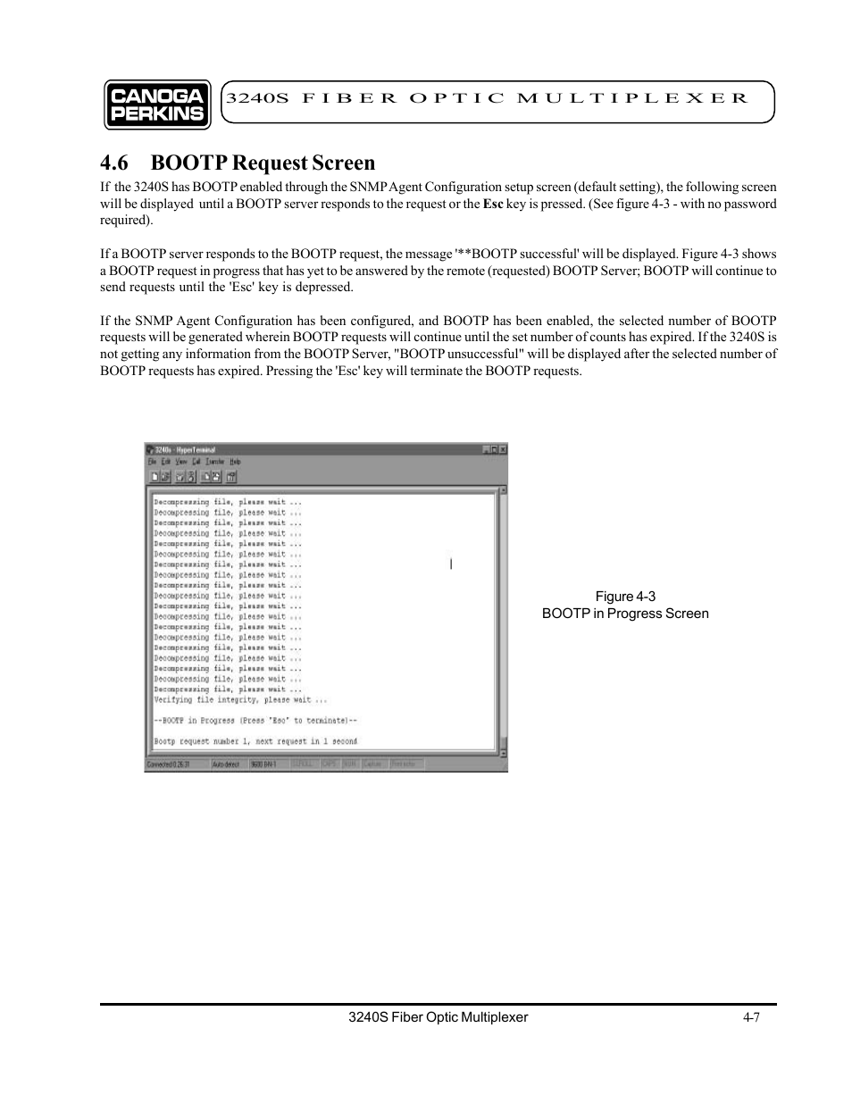 6 bootp request screen, 6 bootp request screen -7 | CANOGA PERKINS 3240S SNMP Managed Fiber Optic Multiplexer User Manual | Page 49 / 108