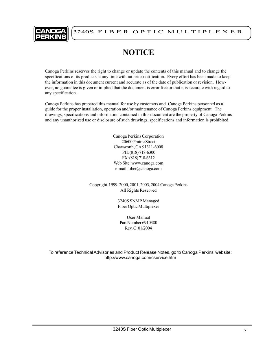 Notice | CANOGA PERKINS 3240S SNMP Managed Fiber Optic Multiplexer User Manual | Page 5 / 108