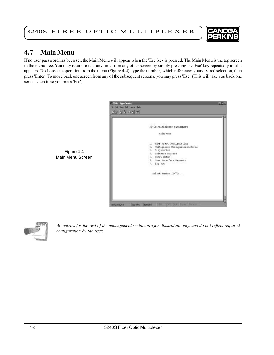 7 main menu, 7 main menu -8 | CANOGA PERKINS 3240S SNMP Managed Fiber Optic Multiplexer User Manual | Page 50 / 108