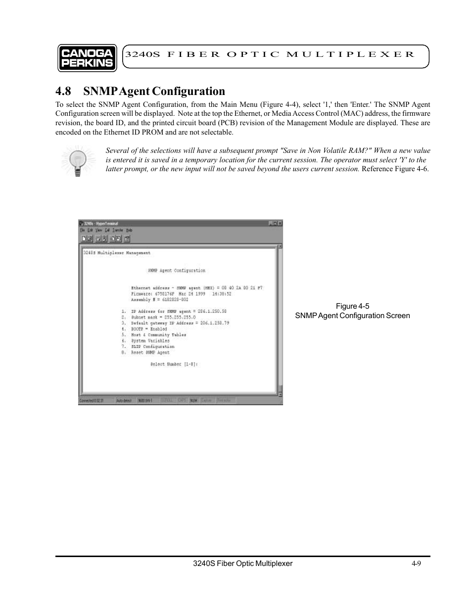 8 snmp agent configuration, 8 snmp agent configuration -9 | CANOGA PERKINS 3240S SNMP Managed Fiber Optic Multiplexer User Manual | Page 51 / 108