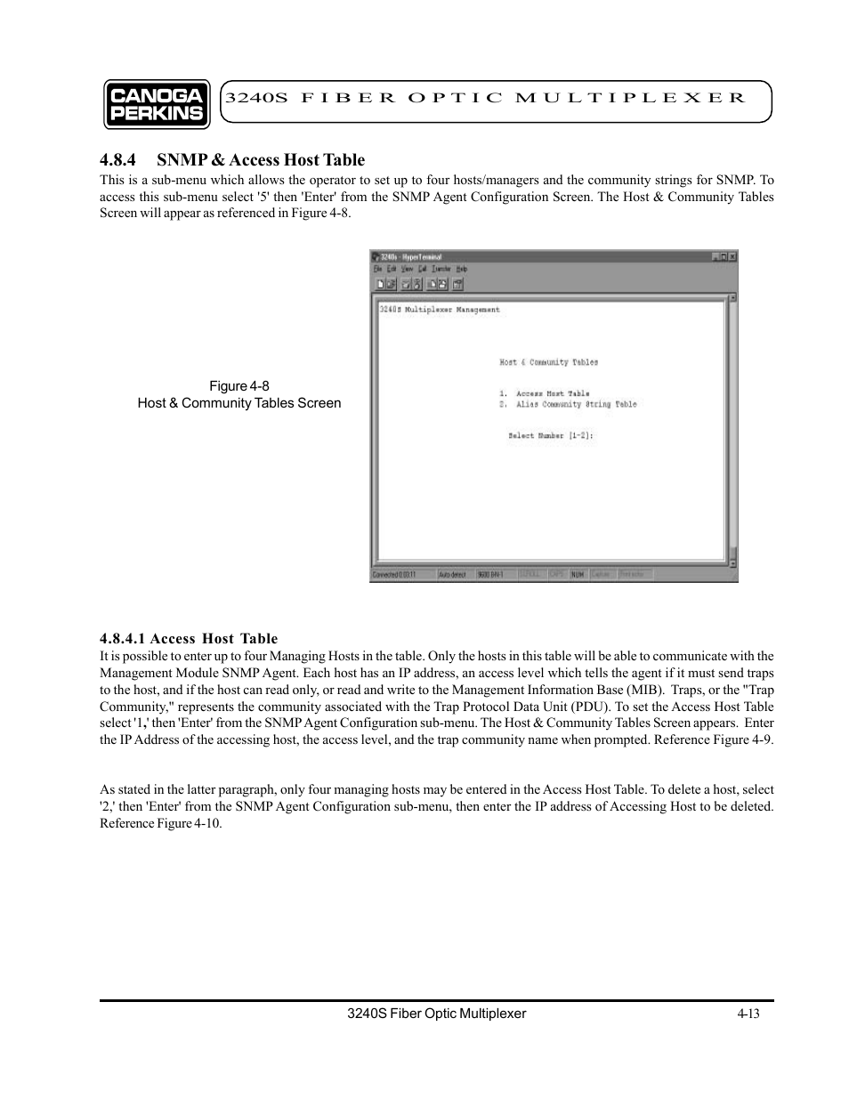 4 snmp & access host table, 1 access host table, 4 snmp & access host table -13 | 1 access host table -13 | CANOGA PERKINS 3240S SNMP Managed Fiber Optic Multiplexer User Manual | Page 55 / 108