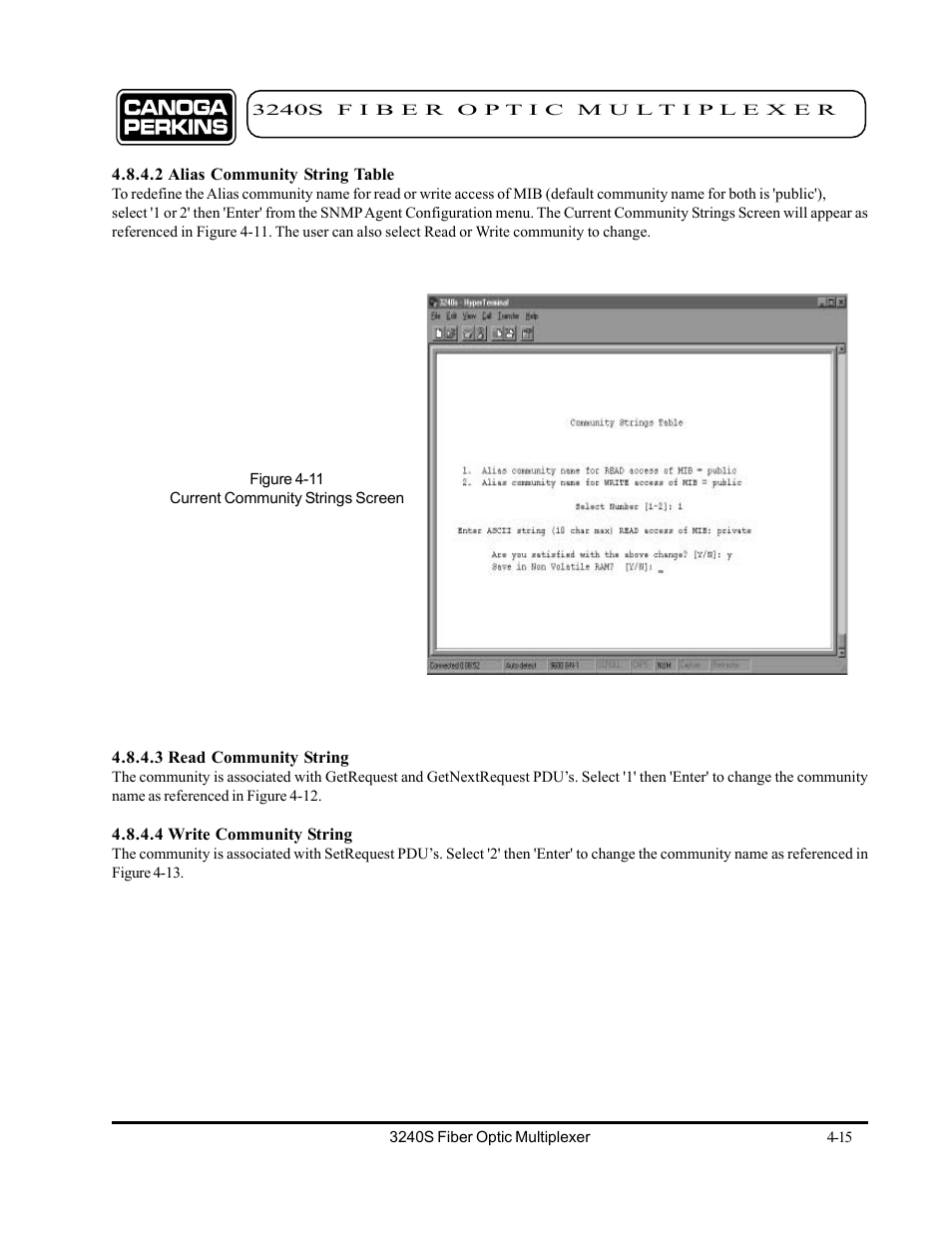 2 alias community string table, 3 read community string, 4 write community string | CANOGA PERKINS 3240S SNMP Managed Fiber Optic Multiplexer User Manual | Page 57 / 108