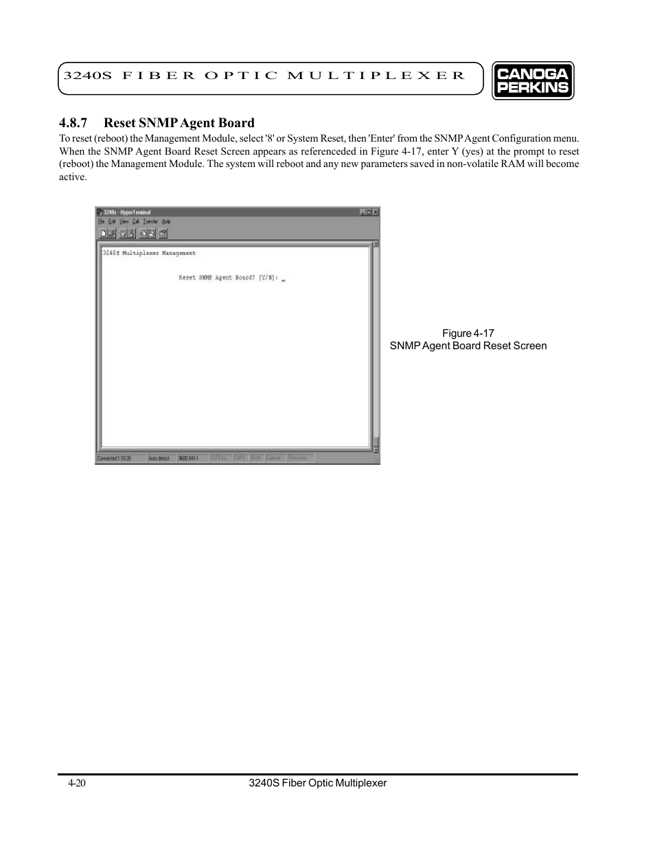 7 reset snmp agent board, 7 reset snmp agent board -20 | CANOGA PERKINS 3240S SNMP Managed Fiber Optic Multiplexer User Manual | Page 62 / 108