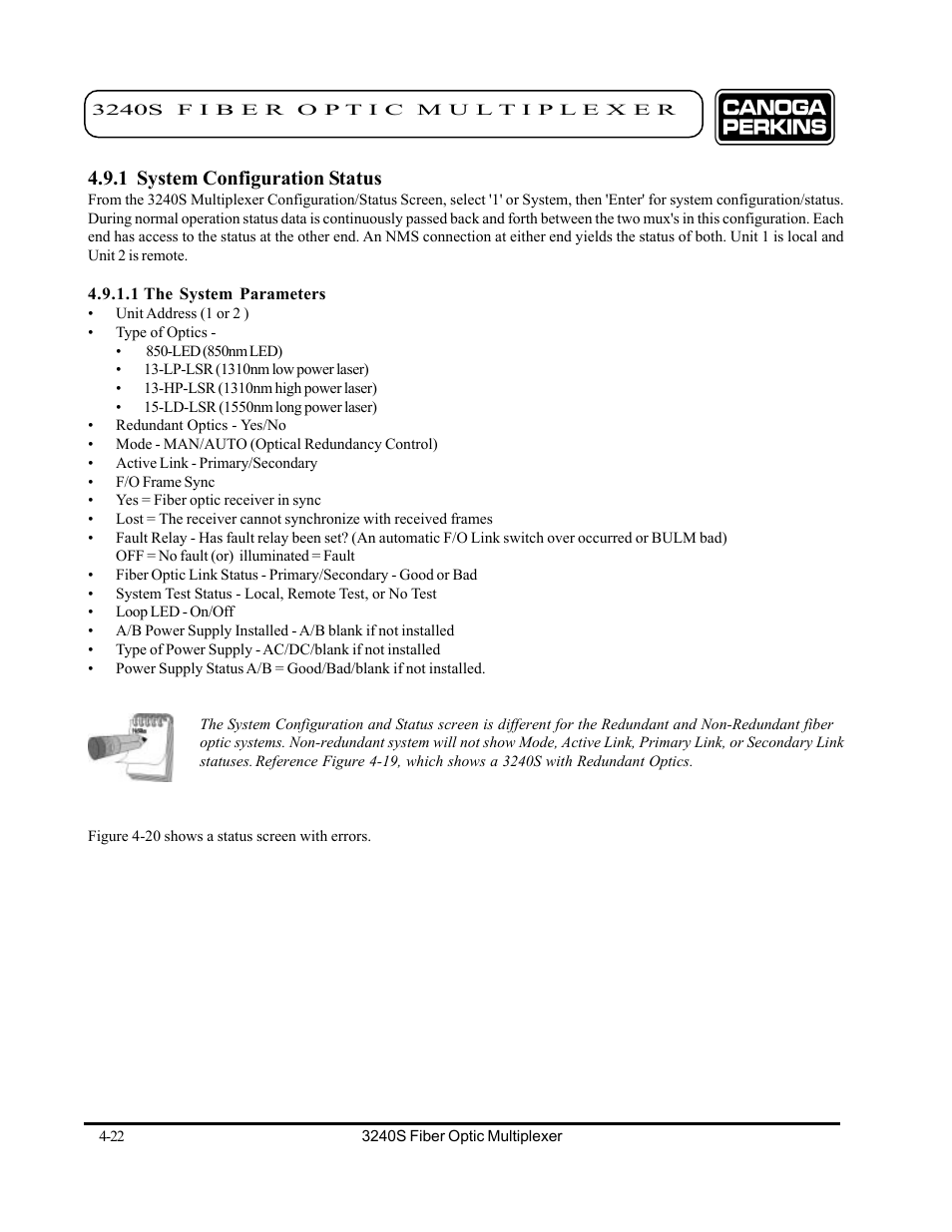 1 system configuration status, 1 the system parameters, 1 system configuration status -22 | 1 the system parameters -22 | CANOGA PERKINS 3240S SNMP Managed Fiber Optic Multiplexer User Manual | Page 64 / 108