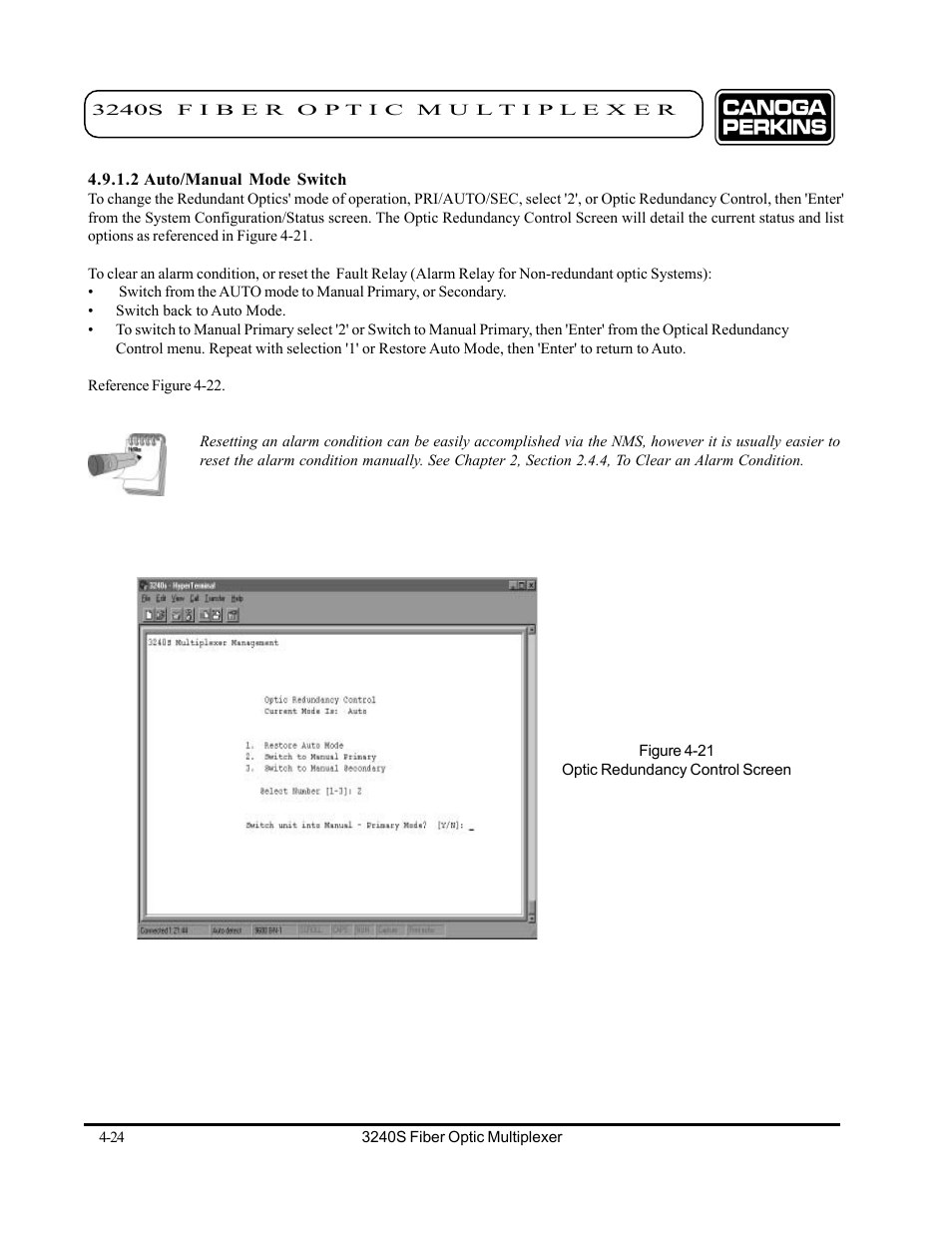 2 auto/manual mode switch, 2 auto/manual mode switch -24 | CANOGA PERKINS 3240S SNMP Managed Fiber Optic Multiplexer User Manual | Page 66 / 108