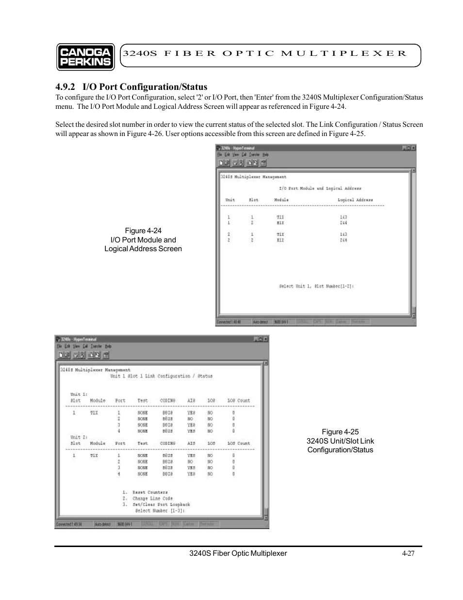 2 i/o port configuration/status, 2 i/o port configuration/status -27 | CANOGA PERKINS 3240S SNMP Managed Fiber Optic Multiplexer User Manual | Page 69 / 108