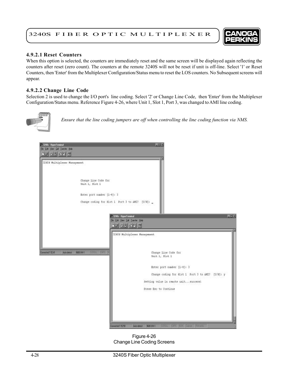 1 reset counters, 2 change line code, 1 reset counters -28 4.9.2.2 change line code -28 | CANOGA PERKINS 3240S SNMP Managed Fiber Optic Multiplexer User Manual | Page 70 / 108