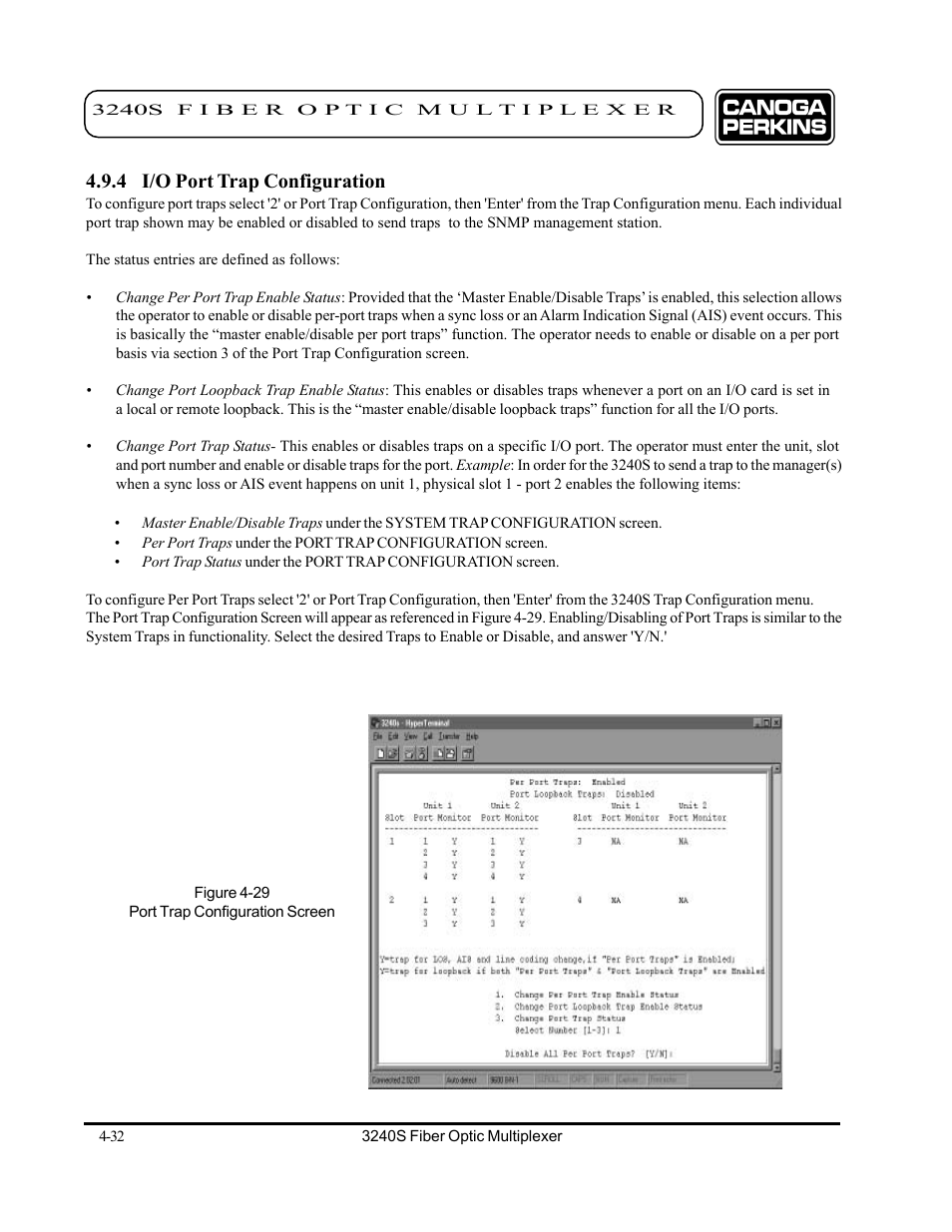4 i/o port trap configuration, 4 i/o port trap configuration -32 | CANOGA PERKINS 3240S SNMP Managed Fiber Optic Multiplexer User Manual | Page 74 / 108
