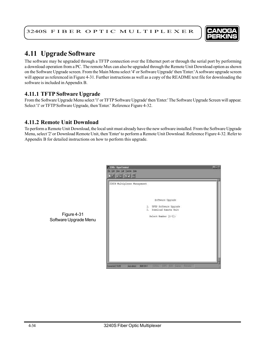 11 upgrade software, 1 tftp software upgrade, 2 remote unit download | 11 upgrade software -34 | CANOGA PERKINS 3240S SNMP Managed Fiber Optic Multiplexer User Manual | Page 76 / 108