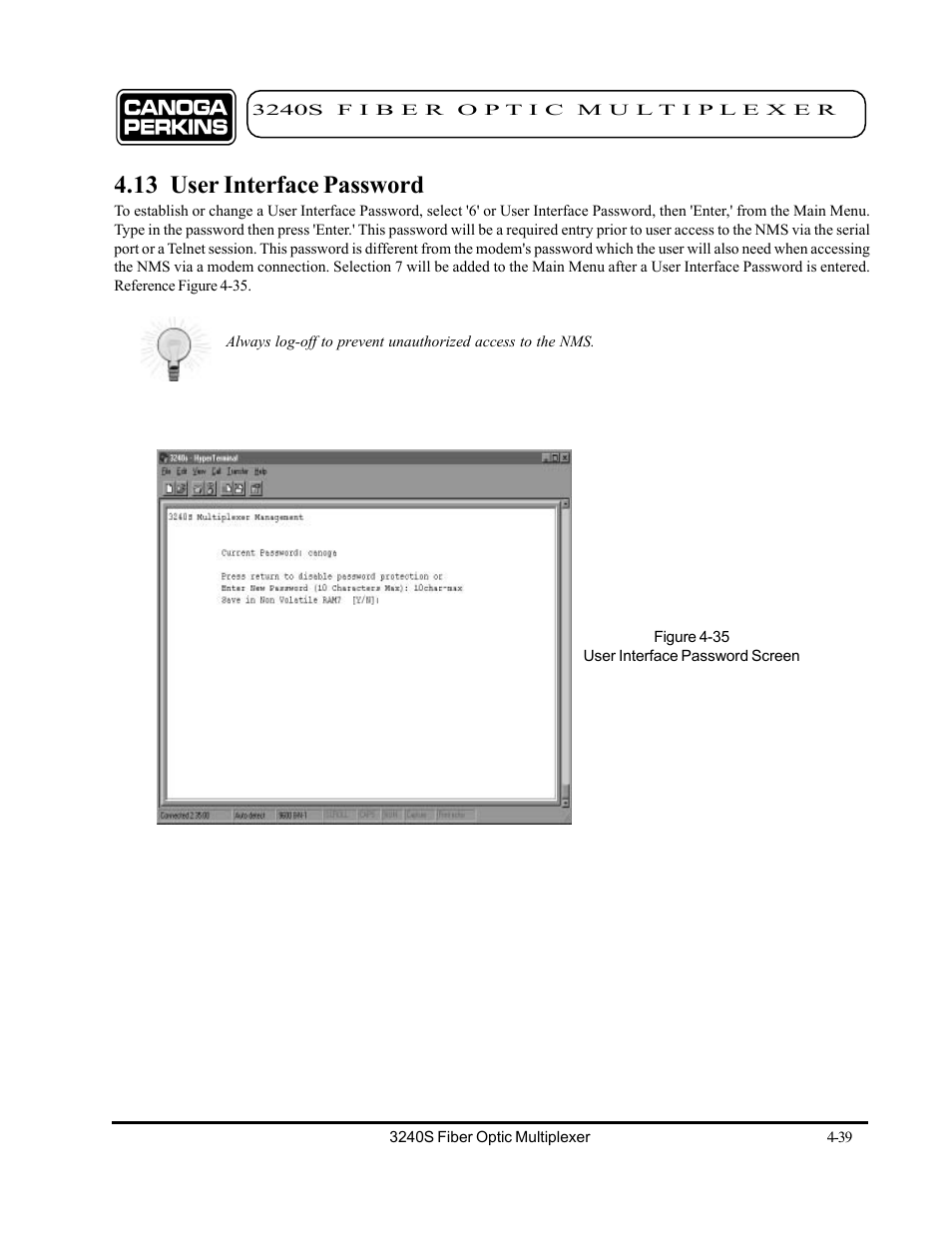 13 user interface password, 13 user interface password -39 | CANOGA PERKINS 3240S SNMP Managed Fiber Optic Multiplexer User Manual | Page 81 / 108