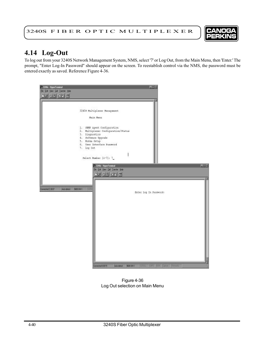 14 log-out, 14 log-out -40 | CANOGA PERKINS 3240S SNMP Managed Fiber Optic Multiplexer User Manual | Page 82 / 108