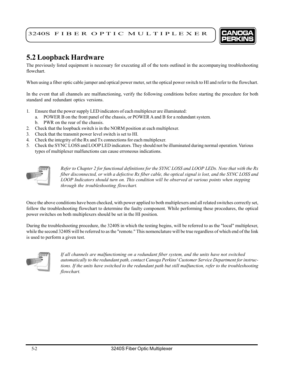 2 loopback hardware, 2 loopback hardware -2 | CANOGA PERKINS 3240S SNMP Managed Fiber Optic Multiplexer User Manual | Page 84 / 108