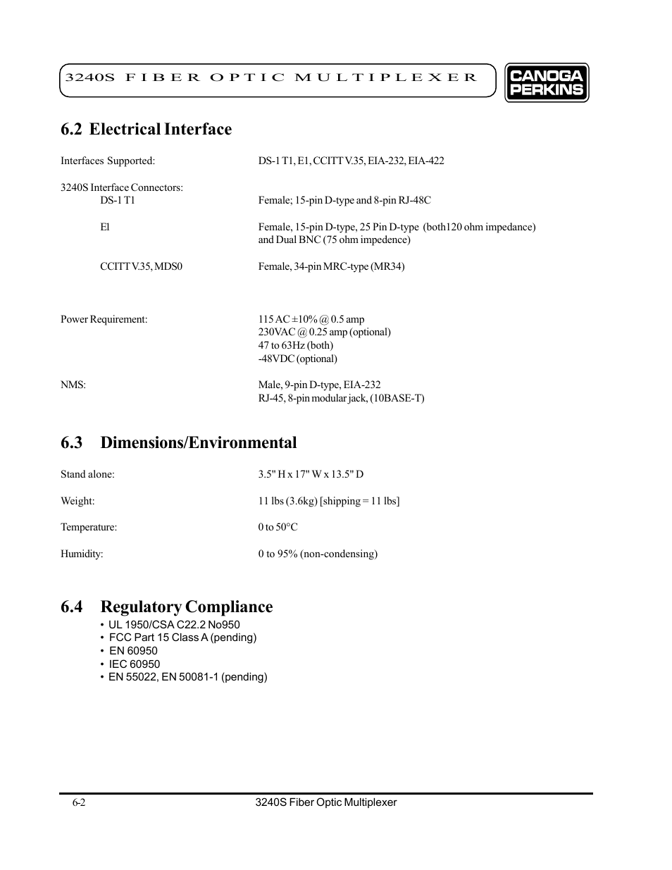 2 electrical interface, 3 dimensions/environmental, 4 regulatory compliance | CANOGA PERKINS 3240S SNMP Managed Fiber Optic Multiplexer User Manual | Page 90 / 108