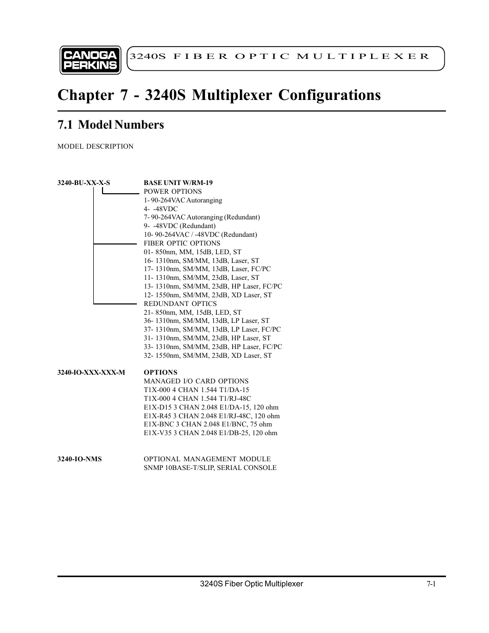 Chapter 7 - 3240s multiplexer configurations, 1 model numbers, Chapter 7 - 3240s multiplexer configurations -1 | 1 model numbers -1 | CANOGA PERKINS 3240S SNMP Managed Fiber Optic Multiplexer User Manual | Page 91 / 108