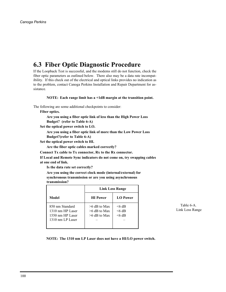 3 fiber optic diagnostic procedure, A link loss range | CANOGA PERKINS 2240 Fiber Optic Modem User Manual | Page 100 / 106