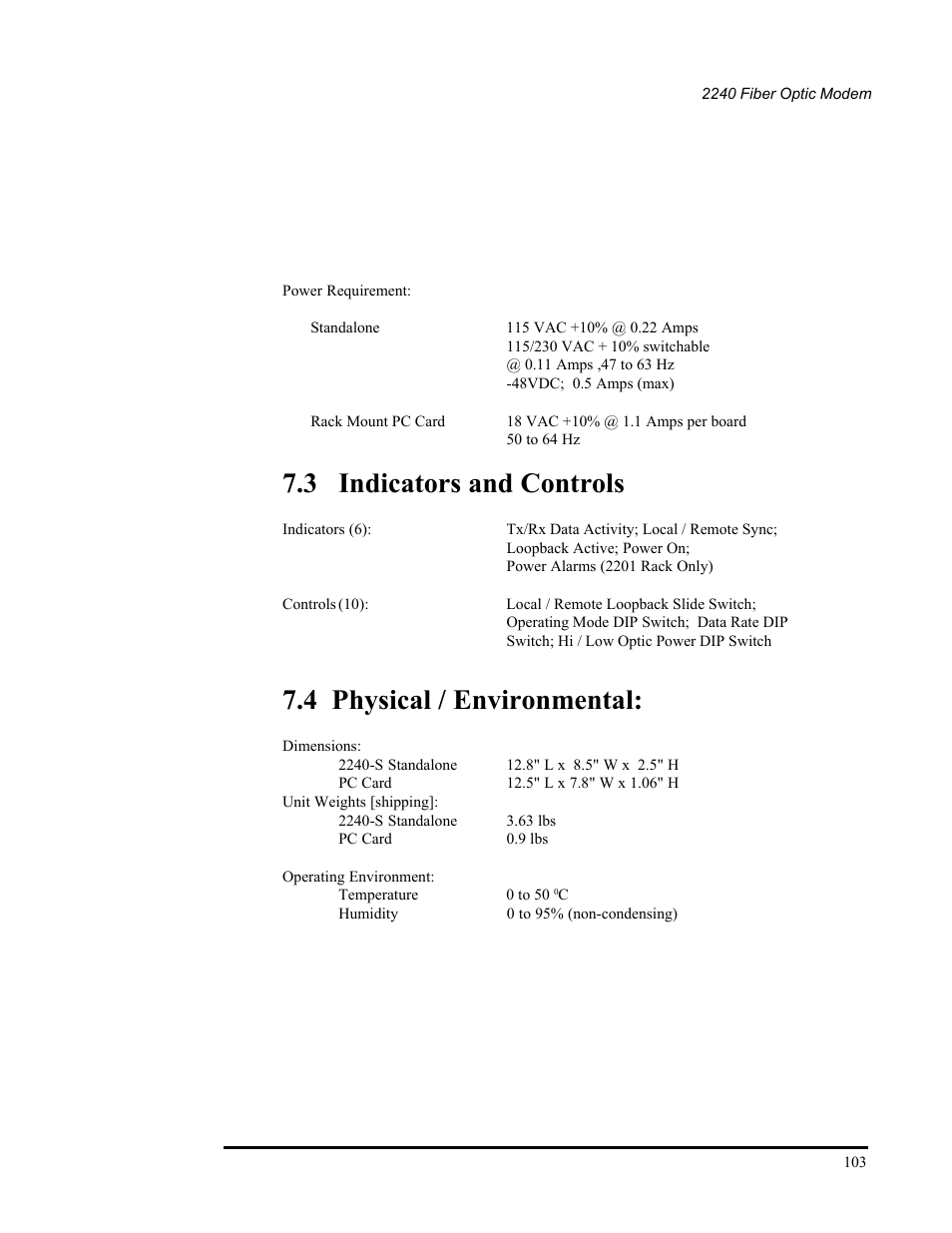 3 indicators and controls, 4 physical / environmental | CANOGA PERKINS 2240 Fiber Optic Modem User Manual | Page 103 / 106