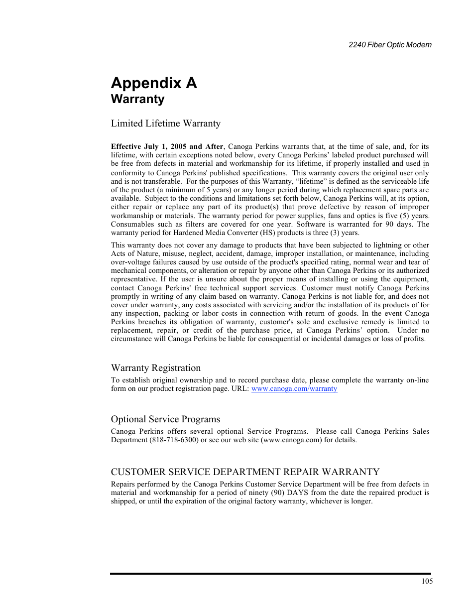 Appendix a, Appendix a limited, Lifetime warranty | Warranty, Limited lifetime warranty, Warranty registration, Optional service programs, Customer service department repair warranty | CANOGA PERKINS 2240 Fiber Optic Modem User Manual | Page 105 / 106