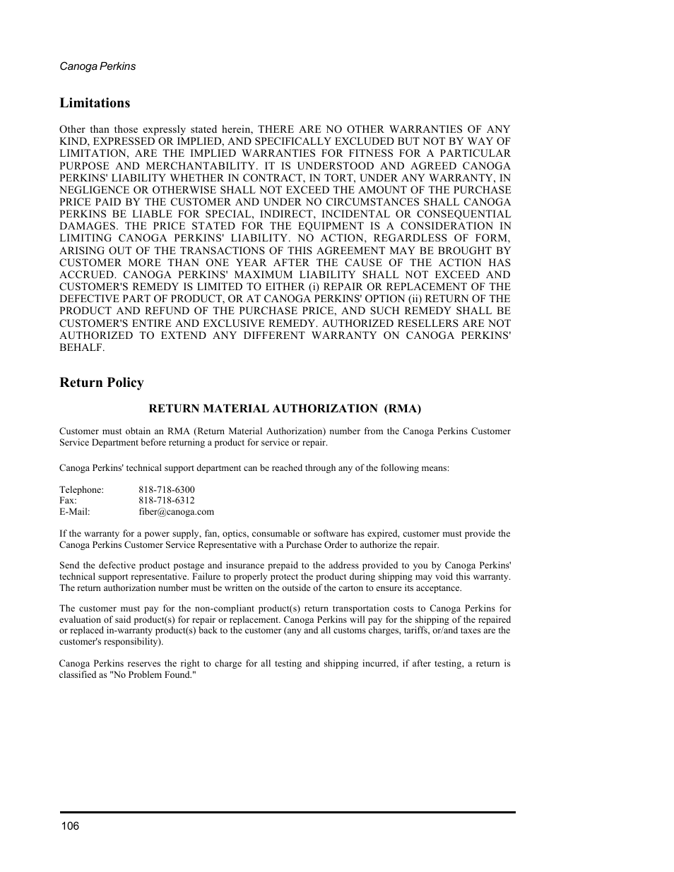 Limitations, Return policy | CANOGA PERKINS 2240 Fiber Optic Modem User Manual | Page 106 / 106