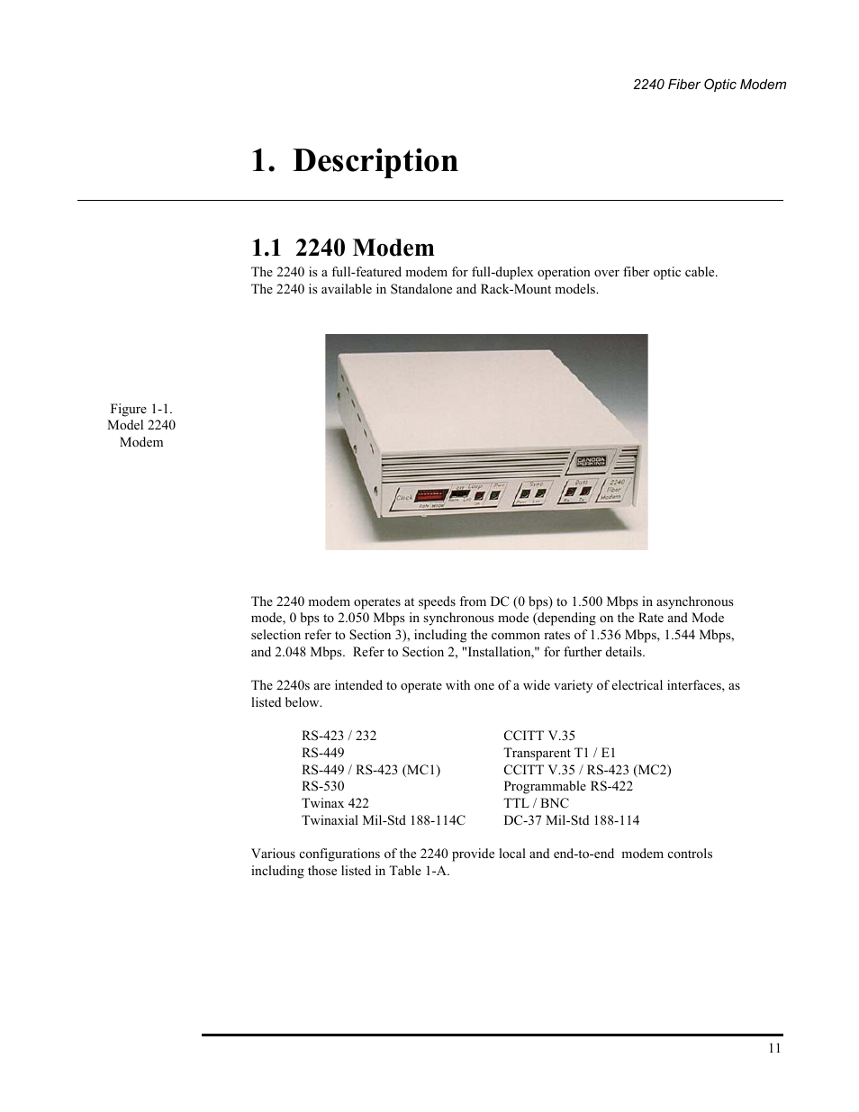 Chapter 1 - description, 1 2240 modem, Description | Model 2240 modem | CANOGA PERKINS 2240 Fiber Optic Modem User Manual | Page 11 / 106