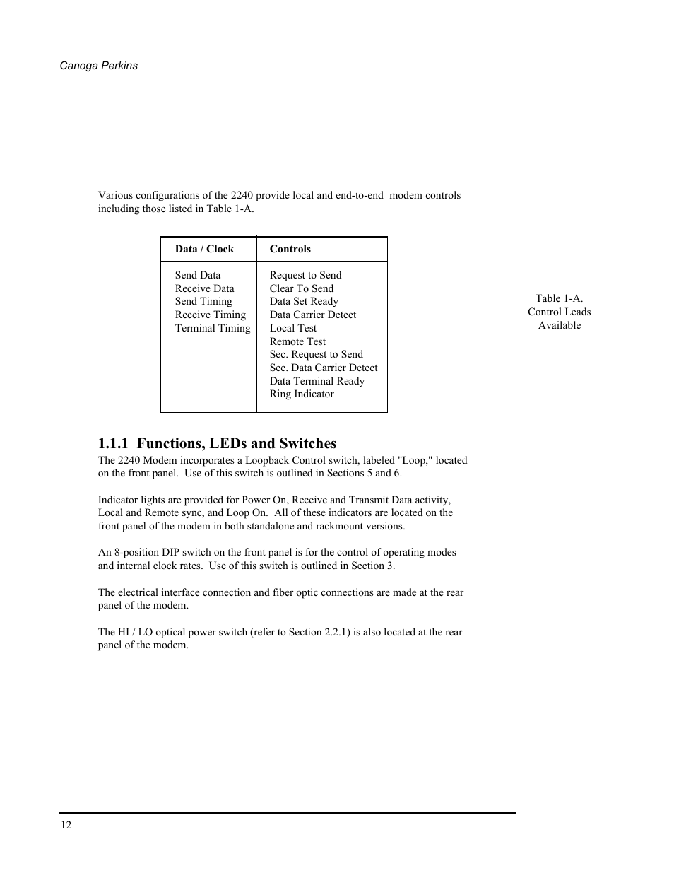 1 functions, leds and switches, 6 expanded interface auxiliary channels, A control leads available | CANOGA PERKINS 2240 Fiber Optic Modem User Manual | Page 12 / 106
