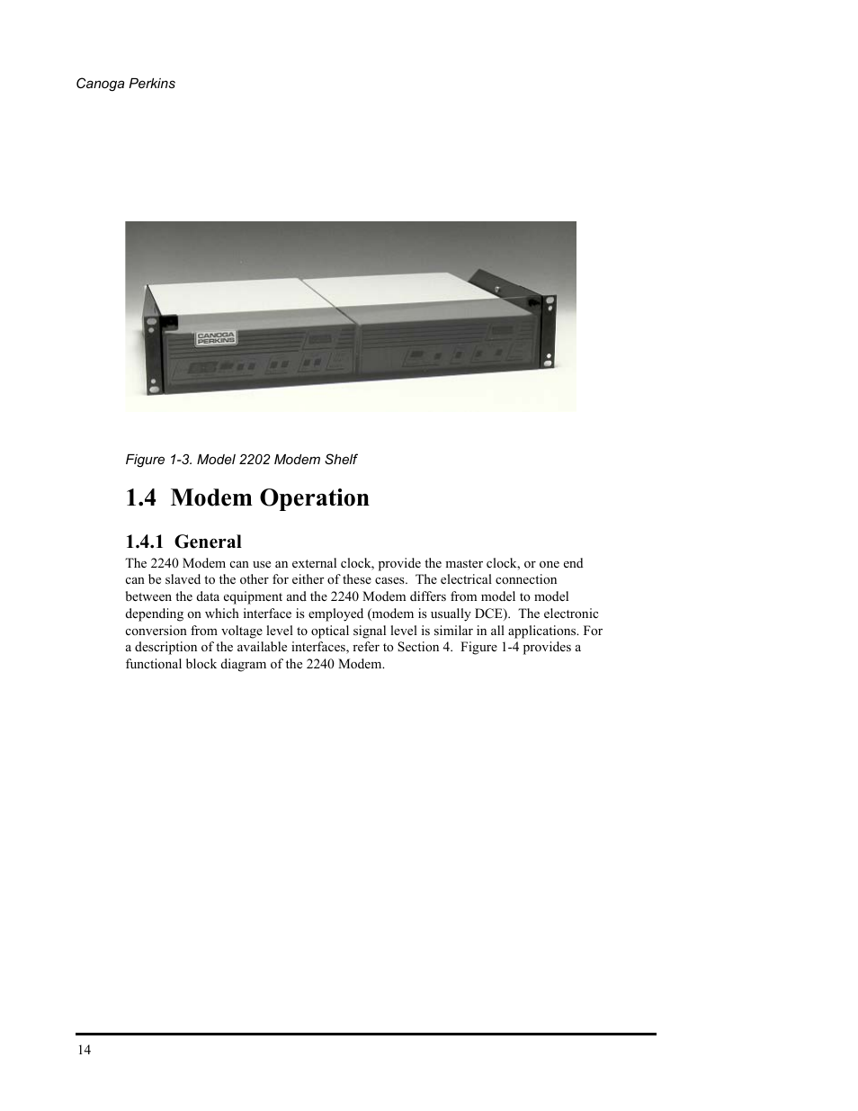 4 modem operation, 1 general, Model 2202 modem shelf | CANOGA PERKINS 2240 Fiber Optic Modem User Manual | Page 14 / 106