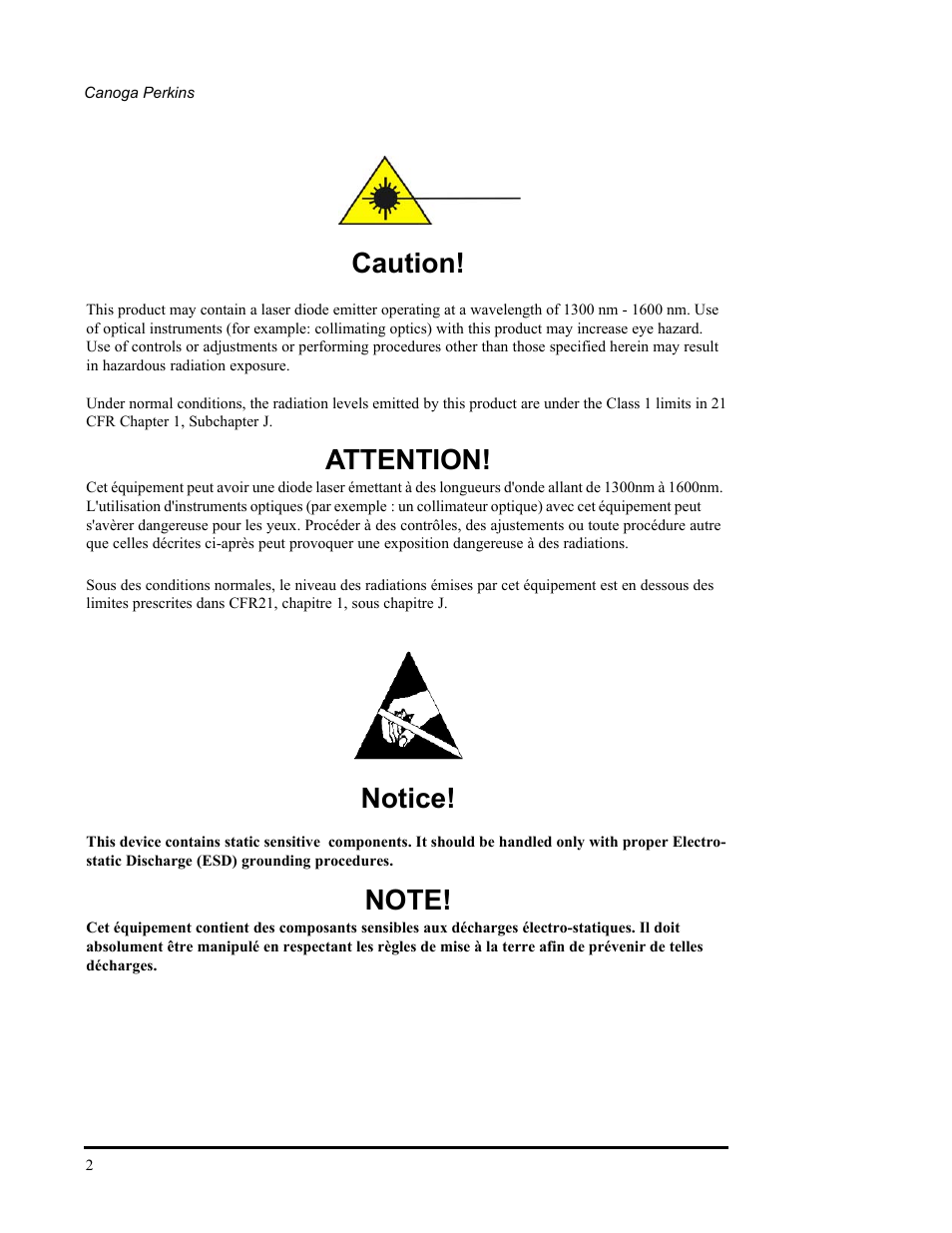 Caution, Notice, Attention | CANOGA PERKINS 2240 Fiber Optic Modem User Manual | Page 2 / 106