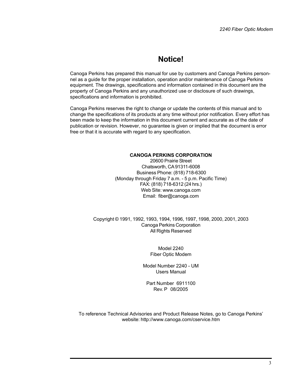 Notice | CANOGA PERKINS 2240 Fiber Optic Modem User Manual | Page 3 / 106