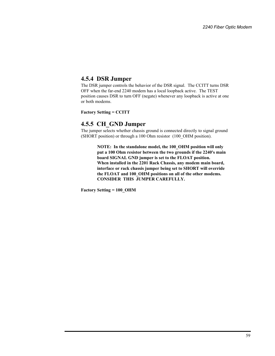 4 dsr jumper, 5 ch_gnd jumper, 4 dsr jumper 4.5.5 ch_gnd jumper | CANOGA PERKINS 2240 Fiber Optic Modem User Manual | Page 59 / 106