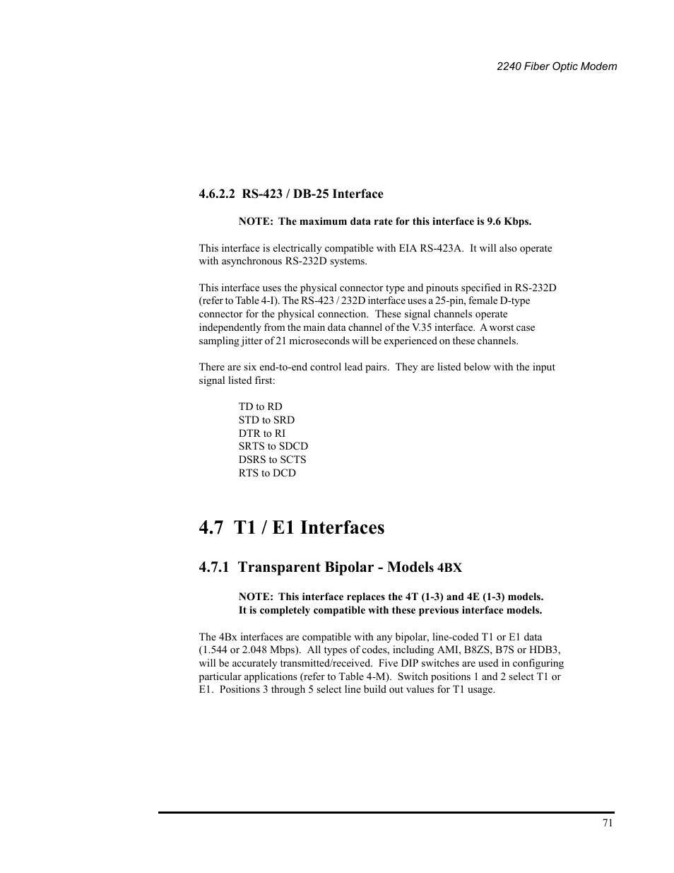 2 rs-423 / db-25 interface, 7 t1 / e1 interfaces, 1 transparent bipolar - models 4bx | 1 transparent bipolar - model | CANOGA PERKINS 2240 Fiber Optic Modem User Manual | Page 71 / 106