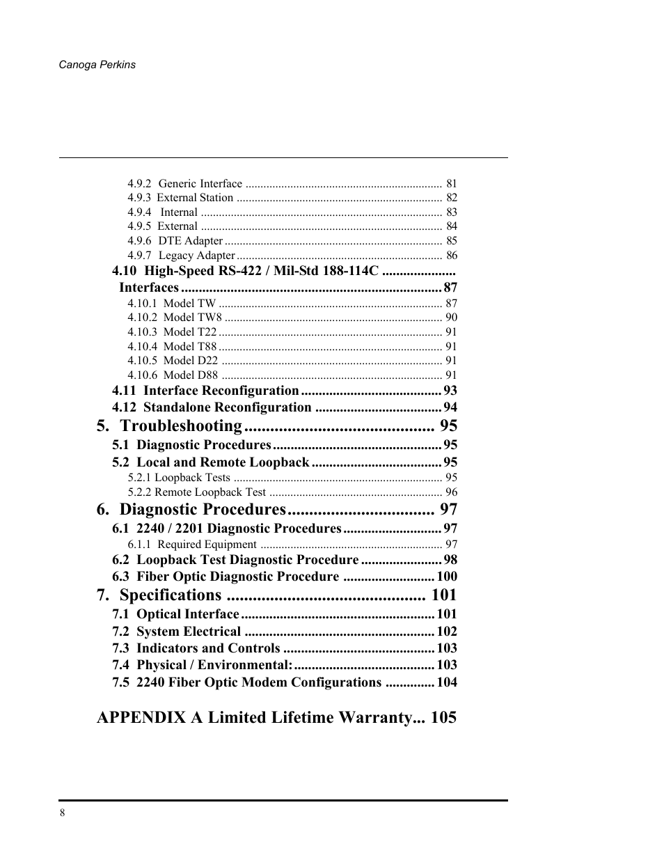 Troubleshooting, Diagnostic procedures, Specifications | Appendix a limited lifetime warranty | CANOGA PERKINS 2240 Fiber Optic Modem User Manual | Page 8 / 106