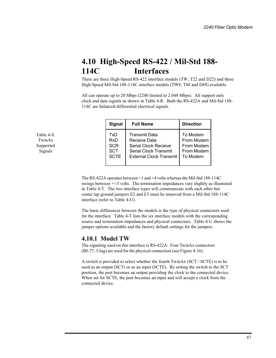 10 high-speed rs-422 / mil-std 188-114c interfaces, 1 model tw, S twinax supported signals | CANOGA PERKINS 2240 Fiber Optic Modem User Manual | Page 87 / 106