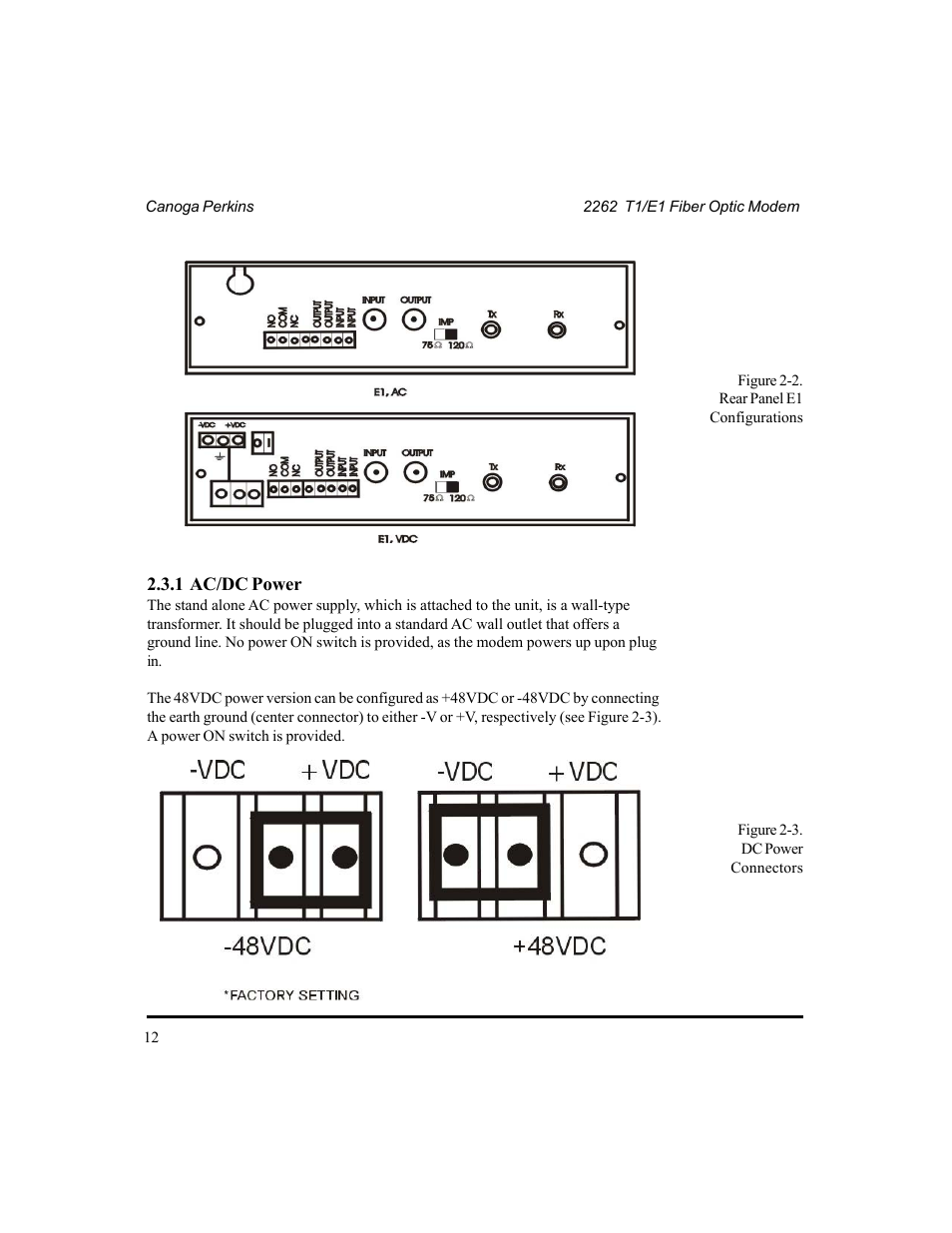 1 ac/dc power | CANOGA PERKINS 2262 T1/E1 Fiber Optic Modem User Manual | Page 12 / 28