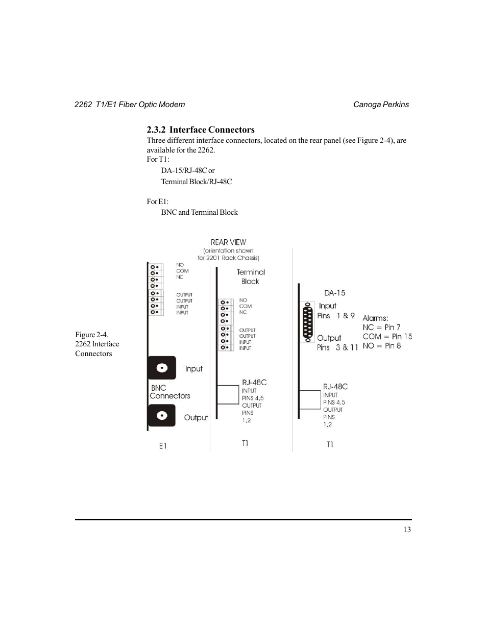 2 interface connectors, 4 2262 interface connectors | CANOGA PERKINS 2262 T1/E1 Fiber Optic Modem User Manual | Page 13 / 28