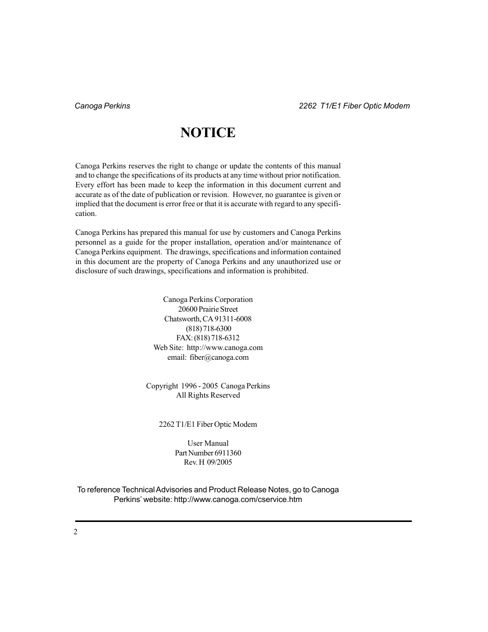 Notice | CANOGA PERKINS 2262 T1/E1 Fiber Optic Modem User Manual | Page 2 / 28