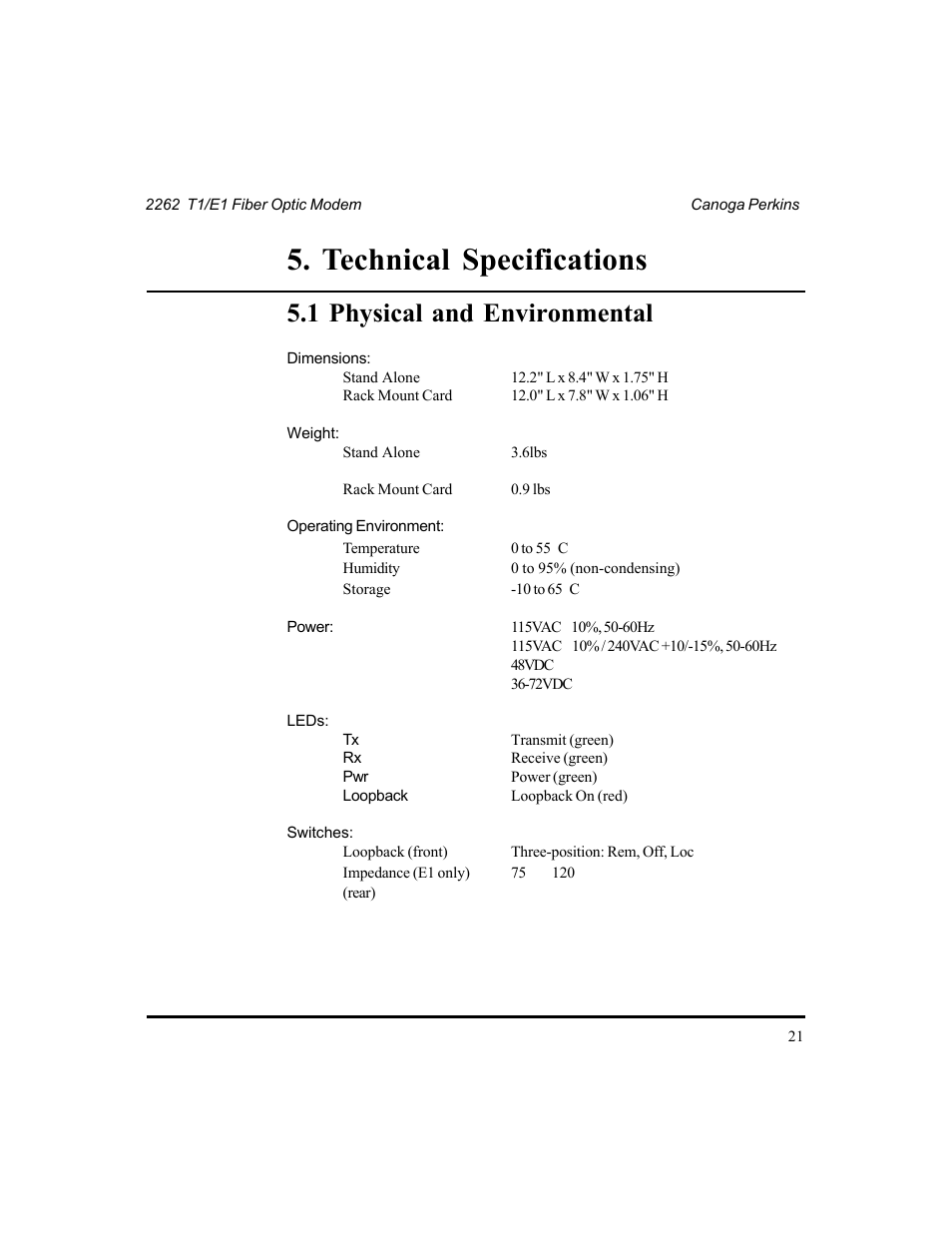 Chapter 5 - technical specifications, 1 physical and environmental, Technical specifications | CANOGA PERKINS 2262 T1/E1 Fiber Optic Modem User Manual | Page 21 / 27