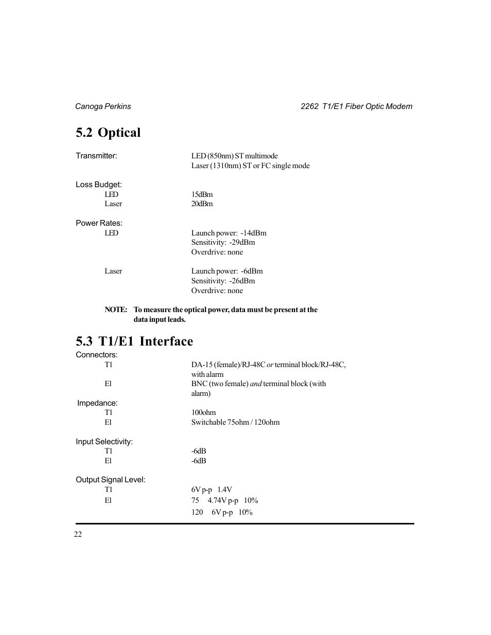 2 optical, 3 t1/e1 interface, 2 optical 5.3 t1/e1 interface | CANOGA PERKINS 2262 T1/E1 Fiber Optic Modem User Manual | Page 22 / 27