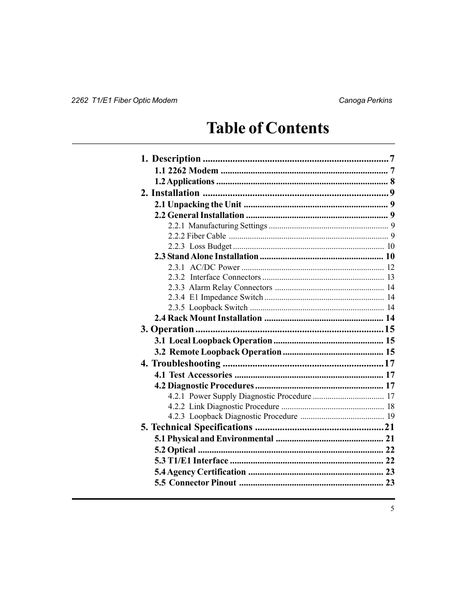 CANOGA PERKINS 2262 T1/E1 Fiber Optic Modem User Manual | Page 5 / 27
