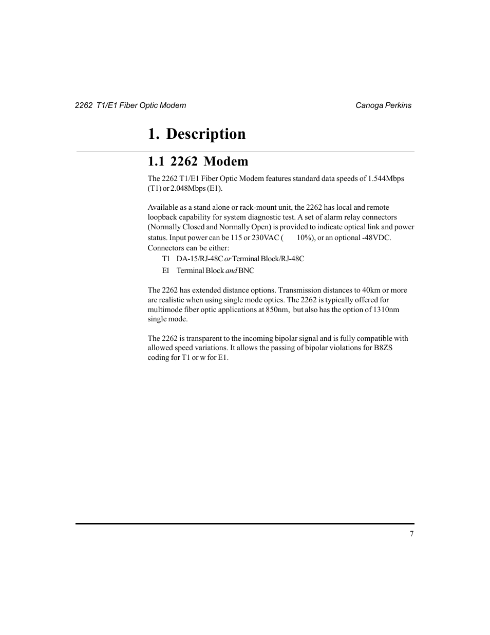 Chapter 1 - description, 1 2262 modem, Description | CANOGA PERKINS 2262 T1/E1 Fiber Optic Modem User Manual | Page 7 / 27