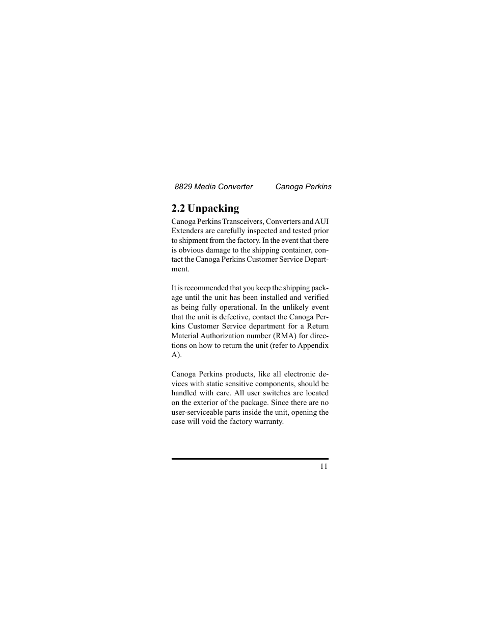 2 unpacking | CANOGA PERKINS 8829 UTP-to-Fiber Optic Media Converter User Manual | Page 11 / 42