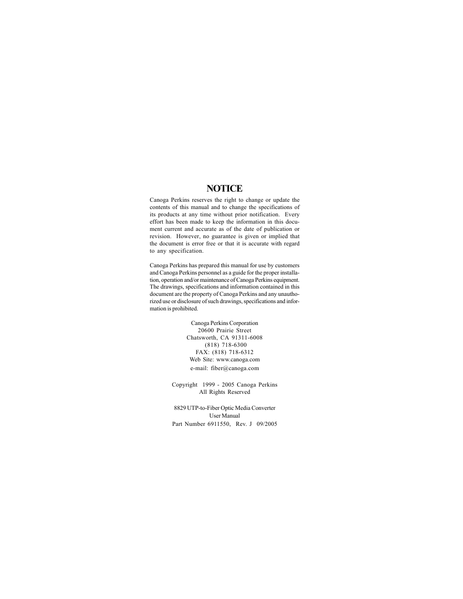 Notice | CANOGA PERKINS 8829 UTP-to-Fiber Optic Media Converter User Manual | Page 2 / 42