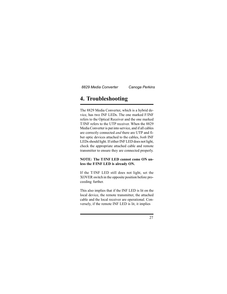 Troubleshooting | CANOGA PERKINS 8829 UTP-to-Fiber Optic Media Converter User Manual | Page 27 / 42