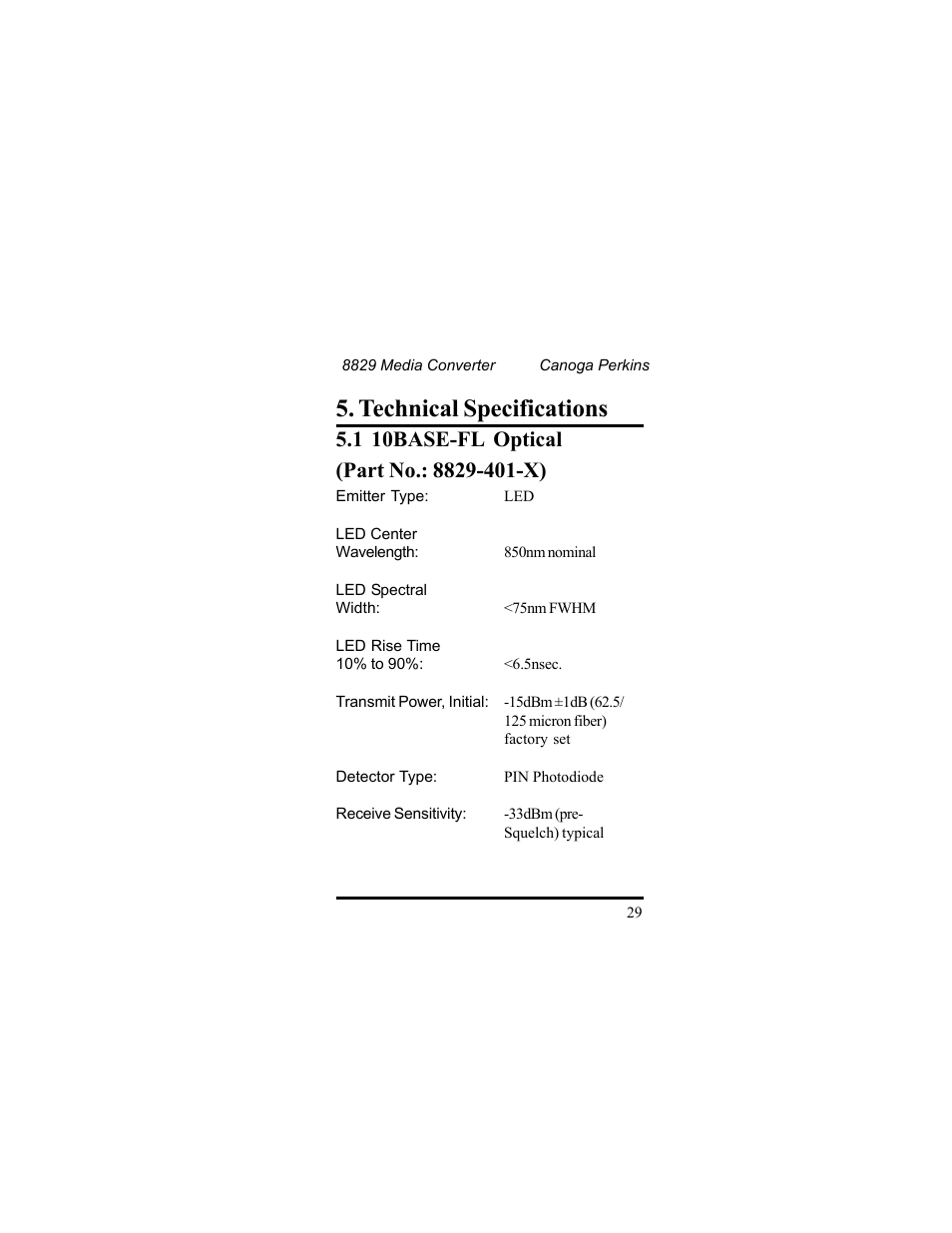 Technical specifications | CANOGA PERKINS 8829 UTP-to-Fiber Optic Media Converter User Manual | Page 29 / 42