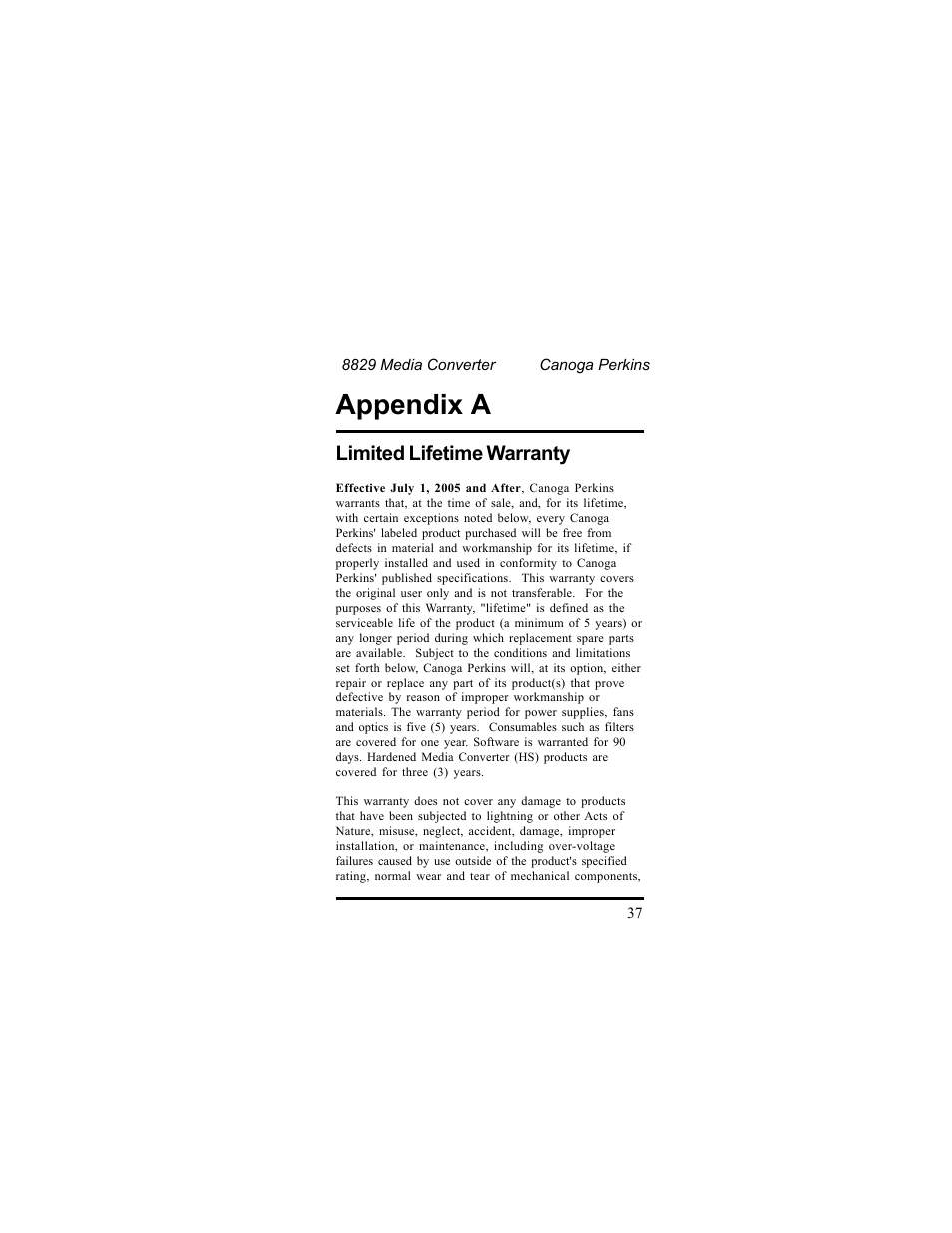 Appendix a | CANOGA PERKINS 8829 UTP-to-Fiber Optic Media Converter User Manual | Page 37 / 42