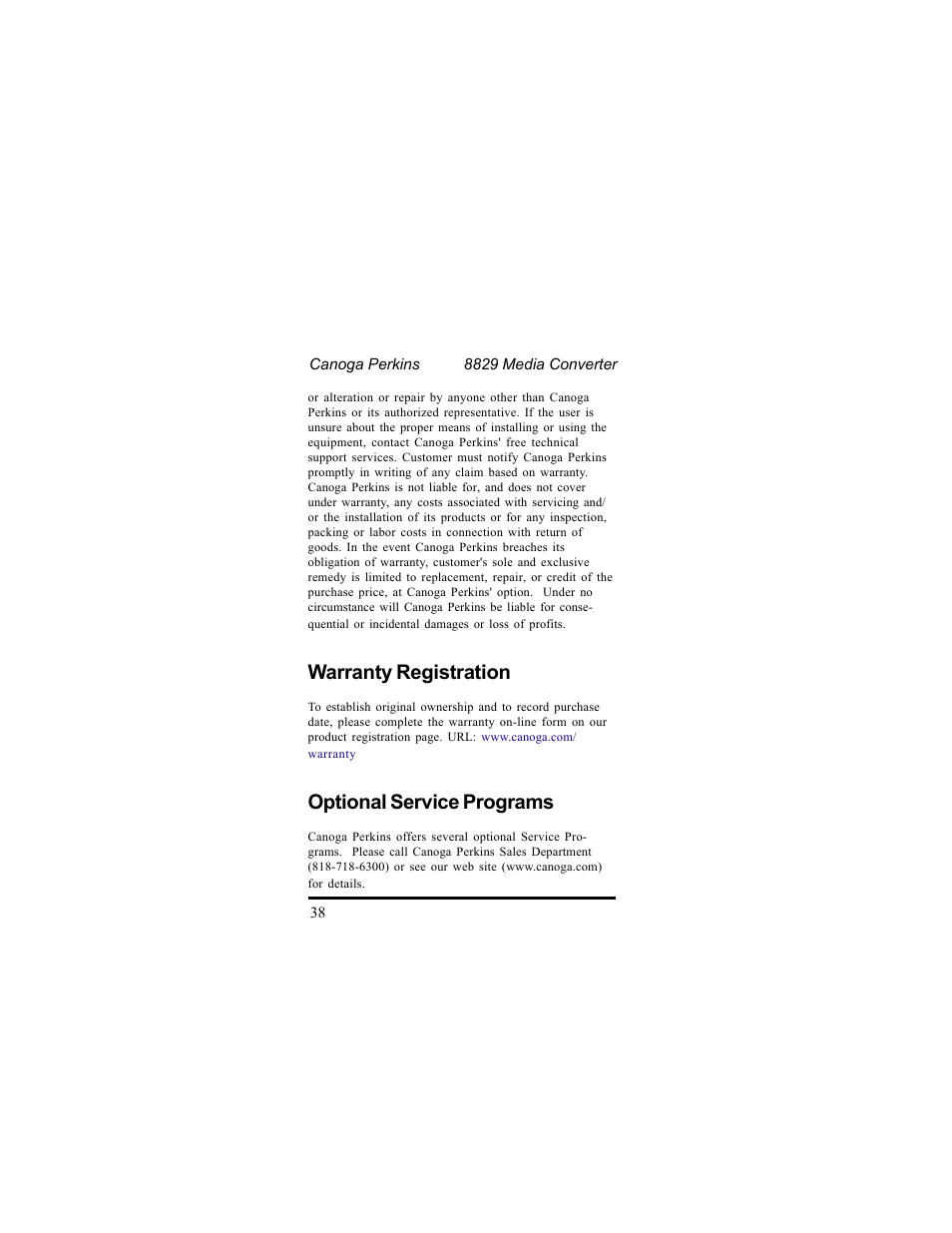 Warranty registration, Optional service programs | CANOGA PERKINS 8829 UTP-to-Fiber Optic Media Converter User Manual | Page 38 / 42