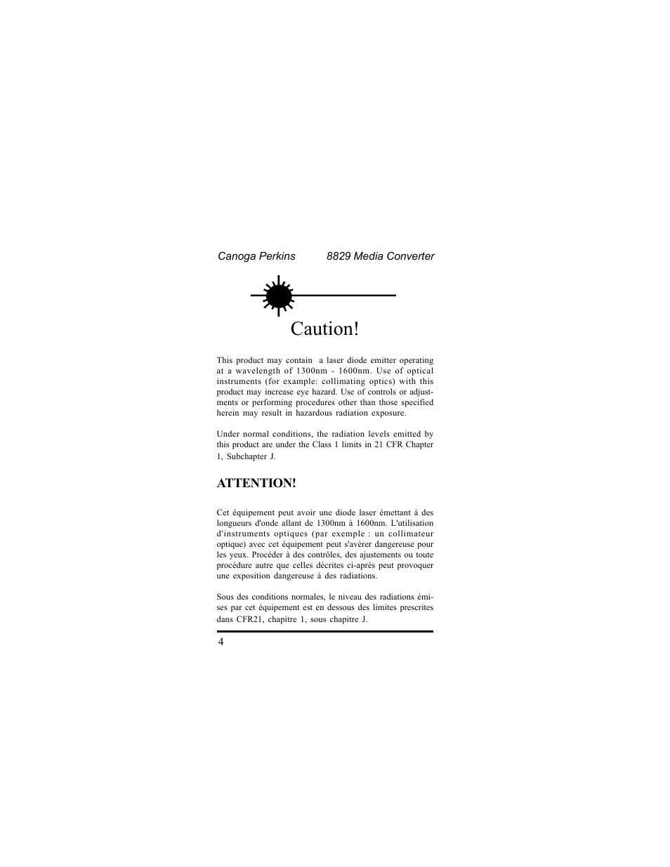 Caution | CANOGA PERKINS 8829 UTP-to-Fiber Optic Media Converter User Manual | Page 4 / 42