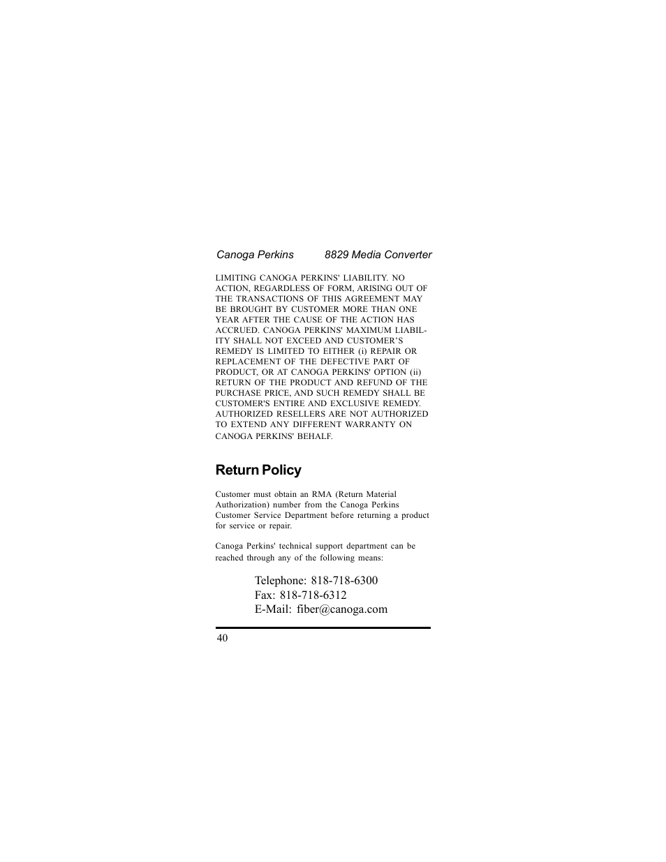 Return policy | CANOGA PERKINS 8829 UTP-to-Fiber Optic Media Converter User Manual | Page 40 / 42